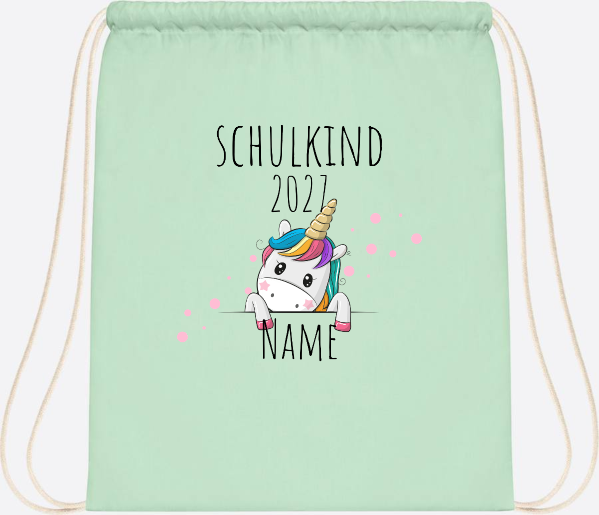 Turnbeutel Schulkind Einhorn – Personalisiert mit Name - Pastel Mint/White