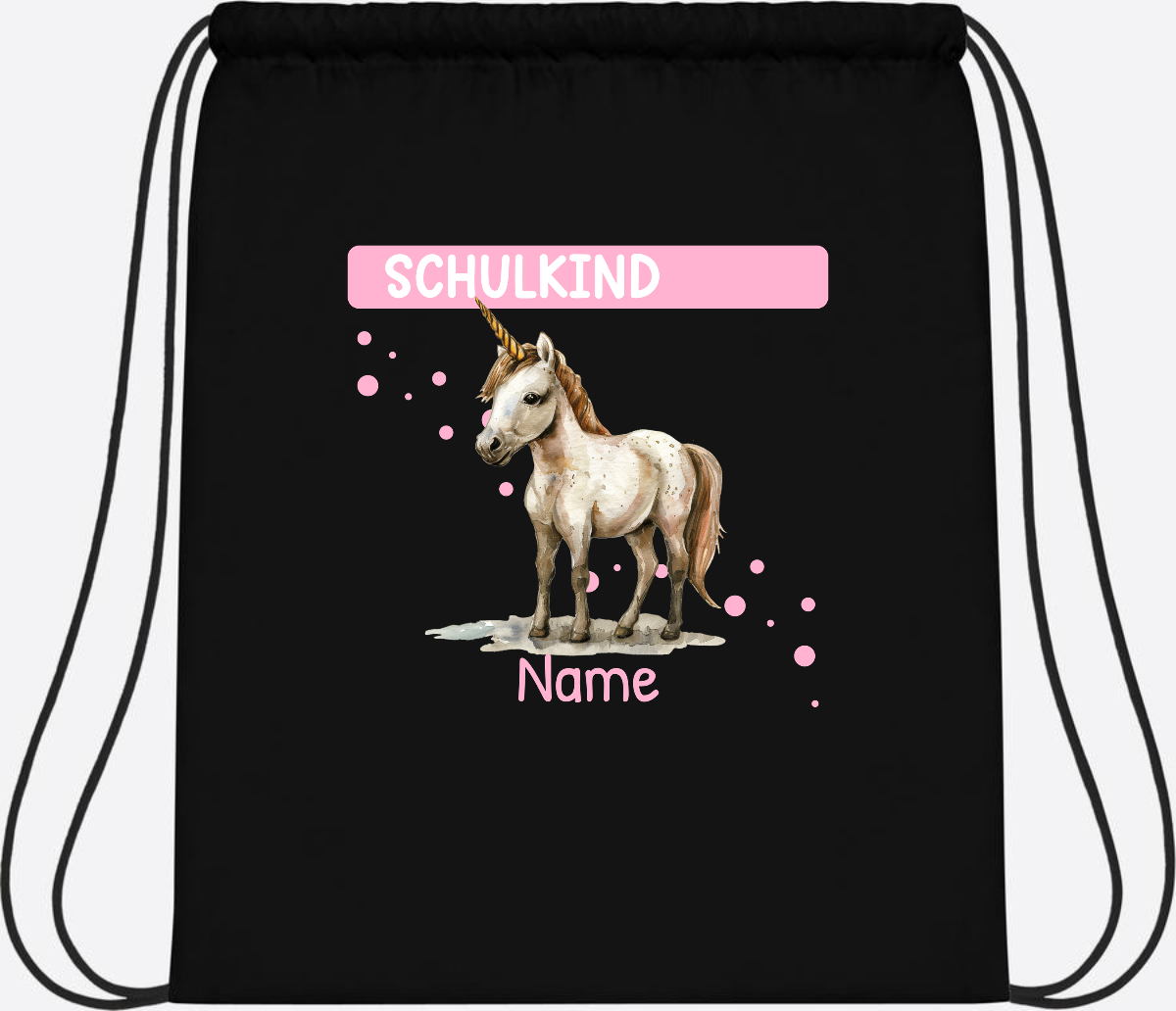 Turnbeutel Schulkind Einhorn – Personalisiert mit Namen - Black/Black