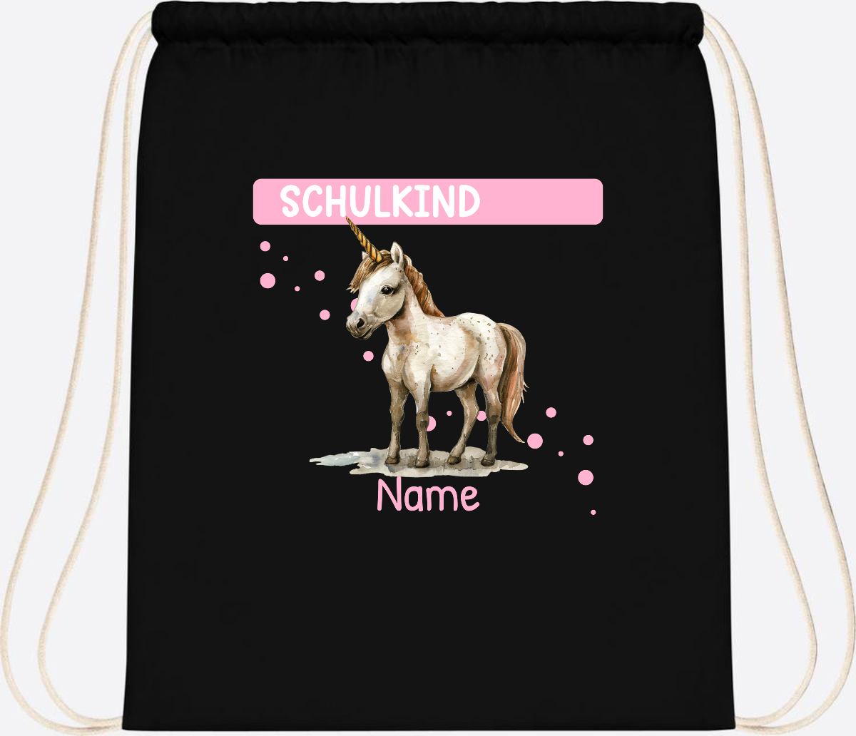 Turnbeutel Schulkind Einhorn – Personalisiert mit Namen - Black
