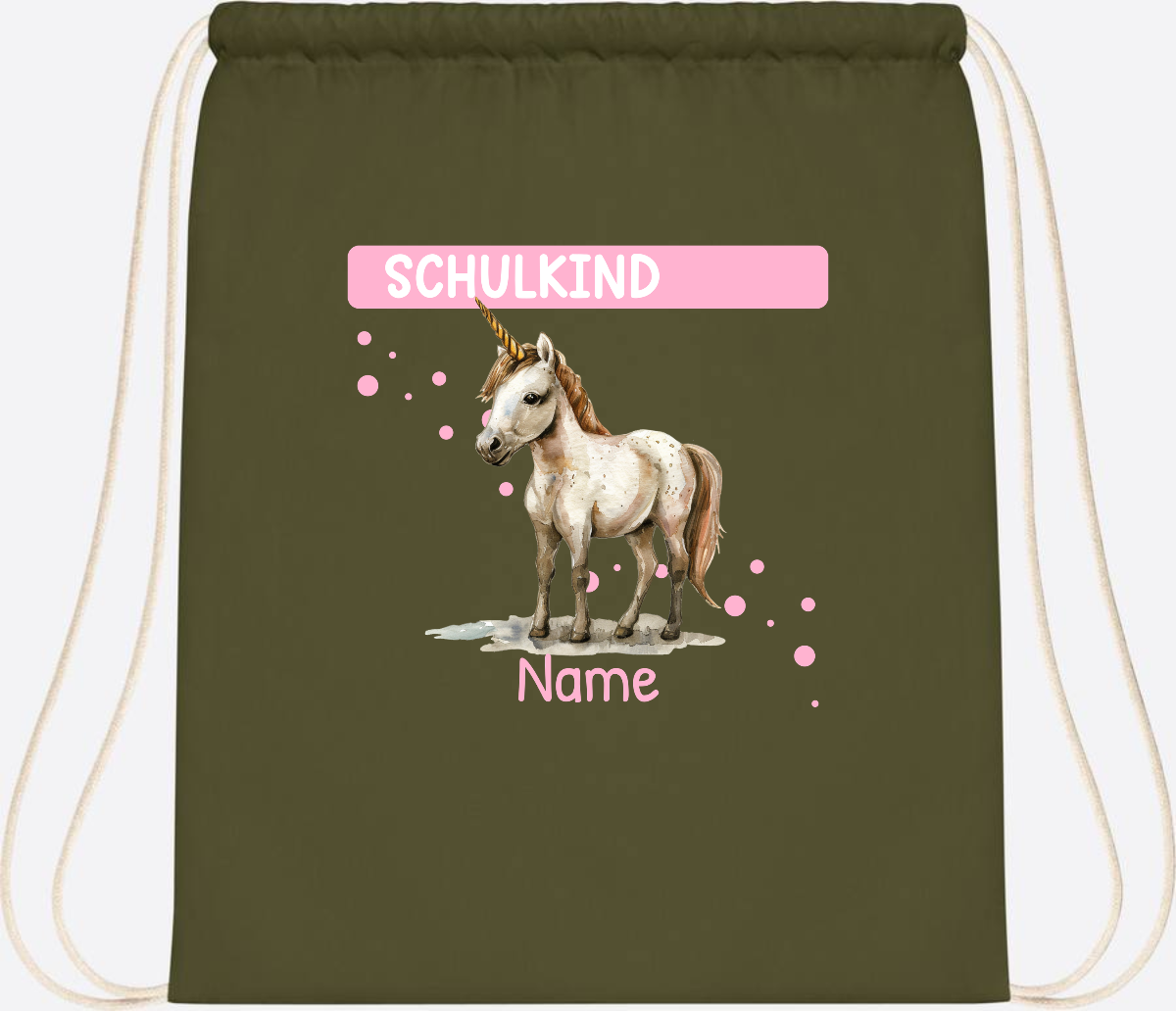 Turnbeutel Schulkind Einhorn – Personalisiert mit Namen - Olive Green