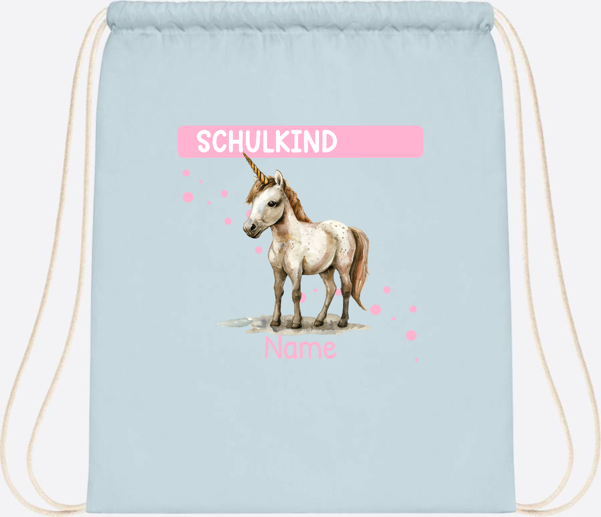 Turnbeutel Schulkind Einhorn – Personalisiert mit Namen - Pastel Blue/White