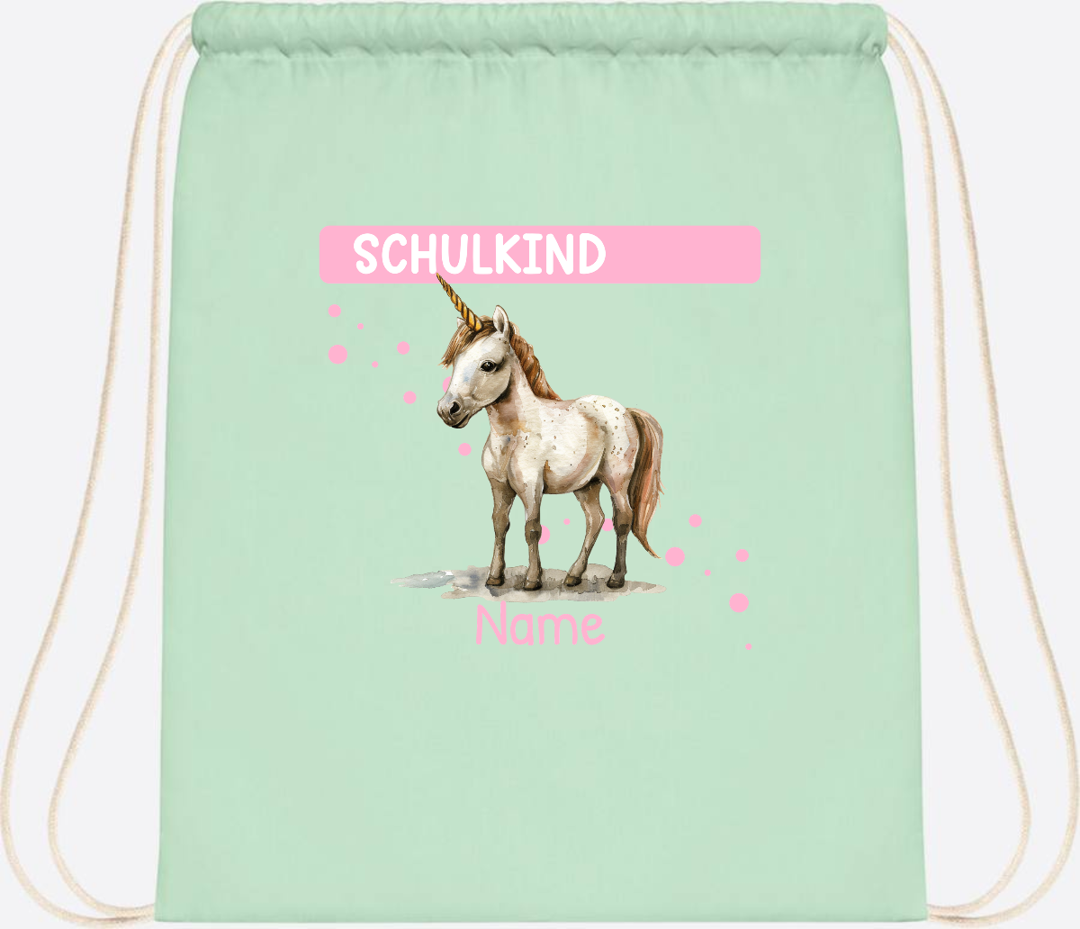 Turnbeutel Schulkind Einhorn – Personalisiert mit Namen - Pastel Mint/White