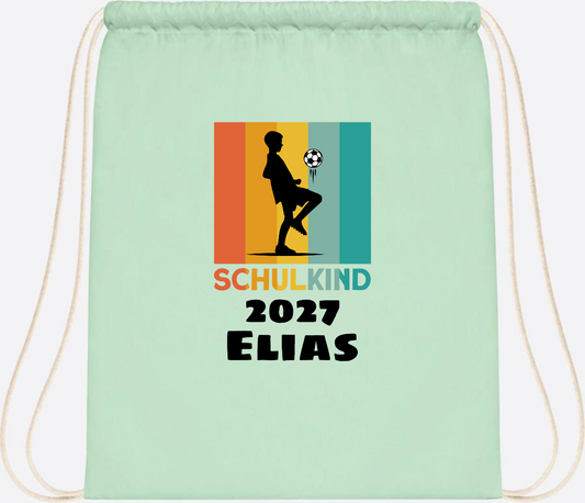 Turnbeutel Schulkind Fußball mit Namen – Geschenk zur Einschulung - Pastel Mint/White
