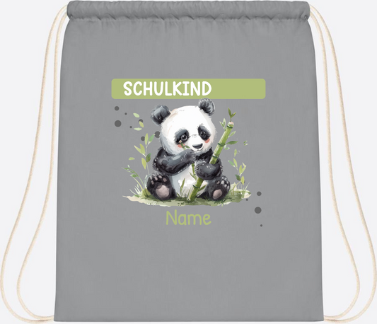 Turnbeutel Schulkind mit Panda & Name | Einschulung - Light Grey