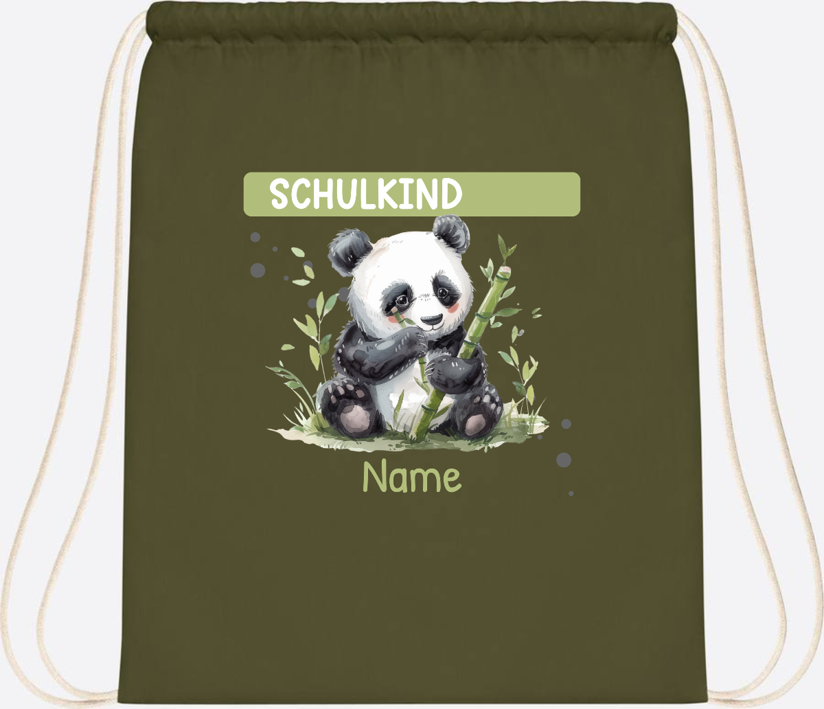 Turnbeutel Schulkind mit Panda & Name | Einschulung - Olive Green