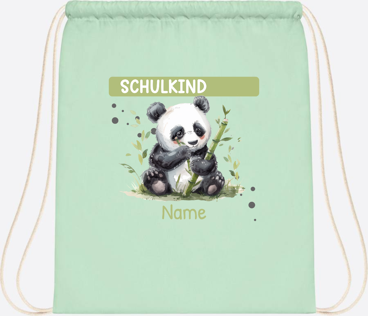 Turnbeutel Schulkind mit Panda & Name | Einschulung - Pastel Mint/White