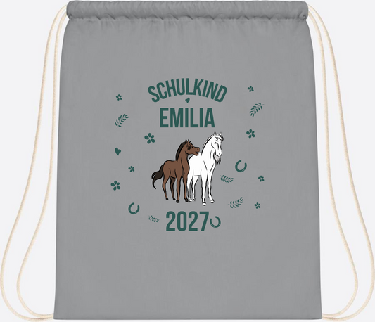 Turnbeutel Schulkind Pferdemotiv mit Name personalisiert - Light Grey