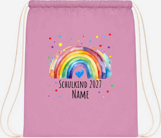 Turnbeutel Schulkind Regenbogen mit Name zur Einschulung - Classic Pink/White