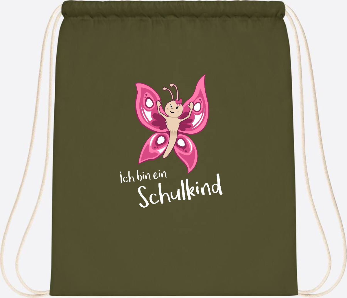 Turnbeutel Schulkind Schmetterling mit Wunschnamen - Olive Green
