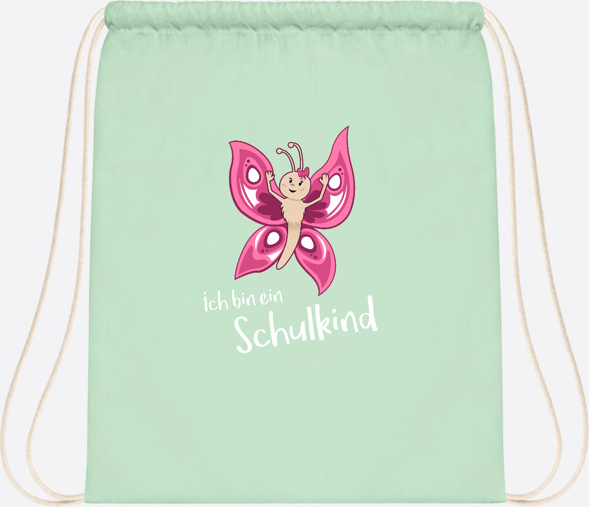 Turnbeutel Schulkind Schmetterling mit Wunschnamen - Pastel Mint/White