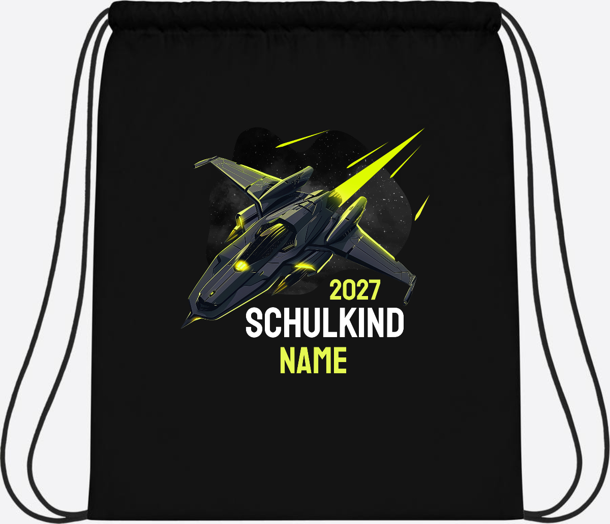 Turnbeutel Schulkind Spaceshuttle mit Name - Black/Black