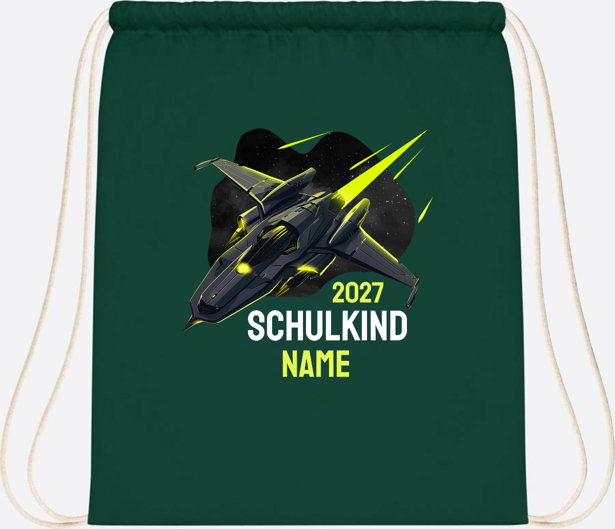 Turnbeutel Schulkind Spaceshuttle mit Name - Bottle Green