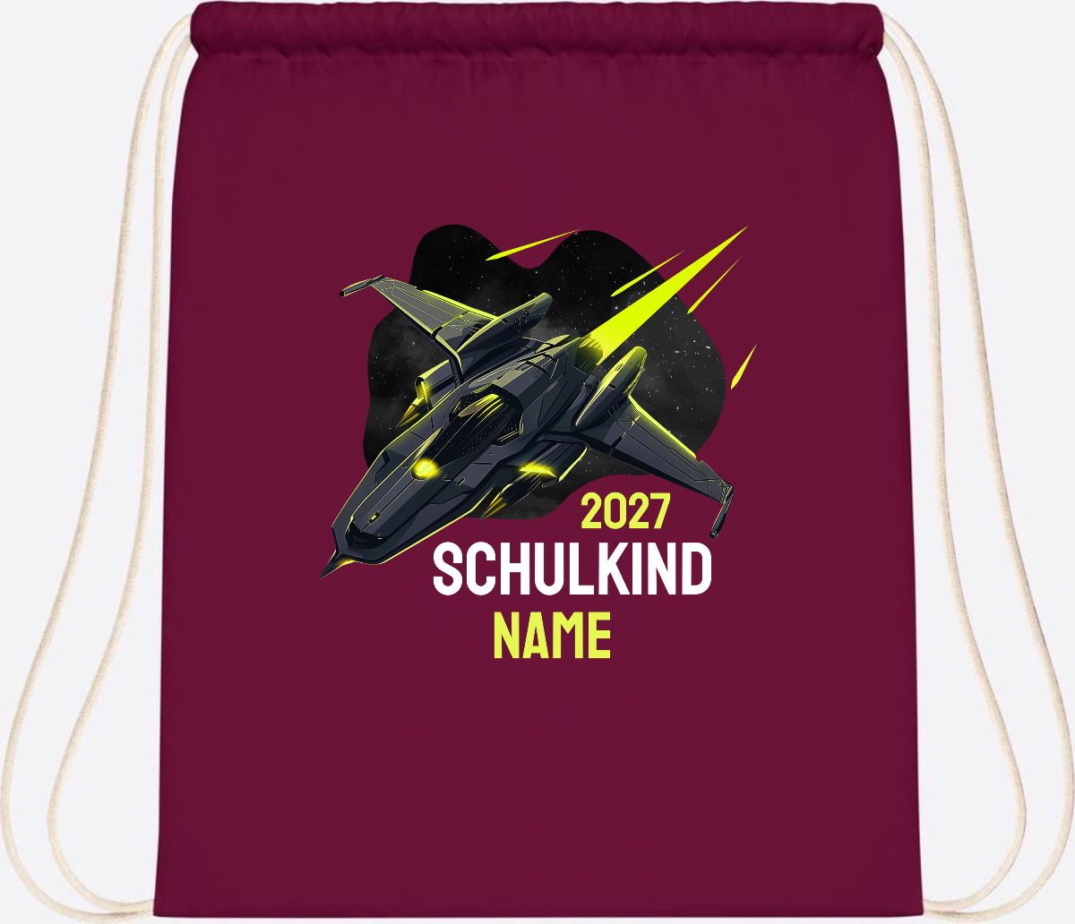 Turnbeutel Schulkind Spaceshuttle mit Name - Burgundy