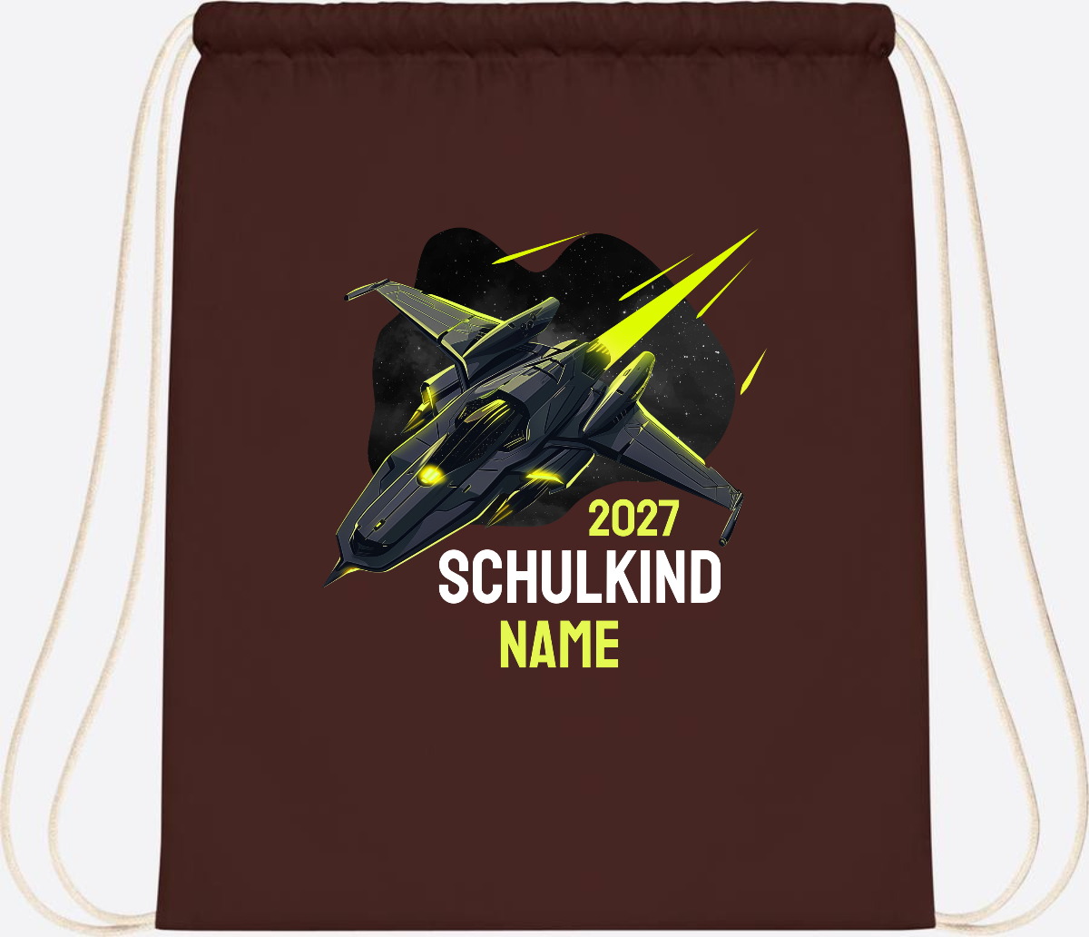 Turnbeutel Schulkind Spaceshuttle mit Name - Chocolate