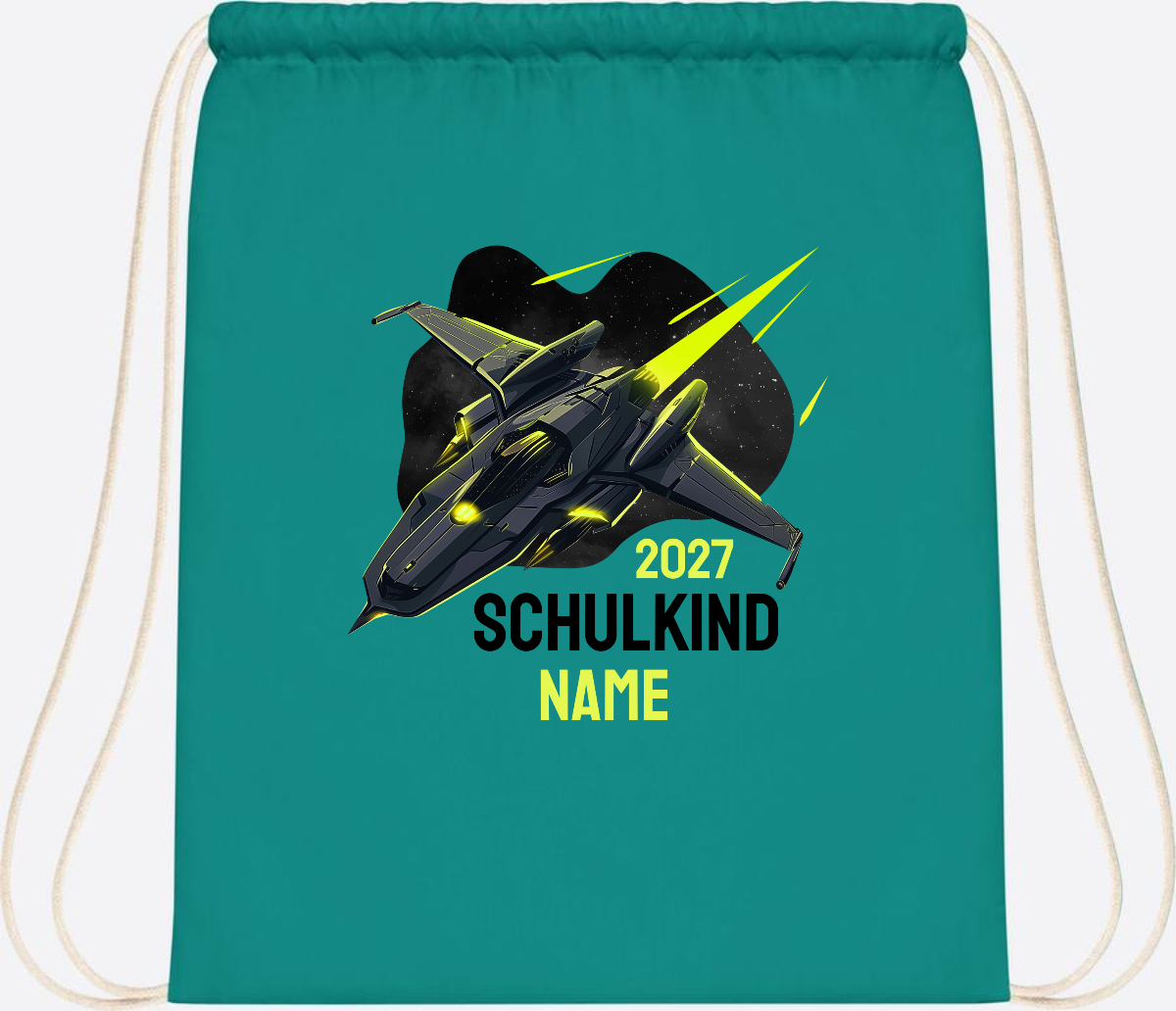 Turnbeutel Schulkind Spaceshuttle mit Name - Emerald