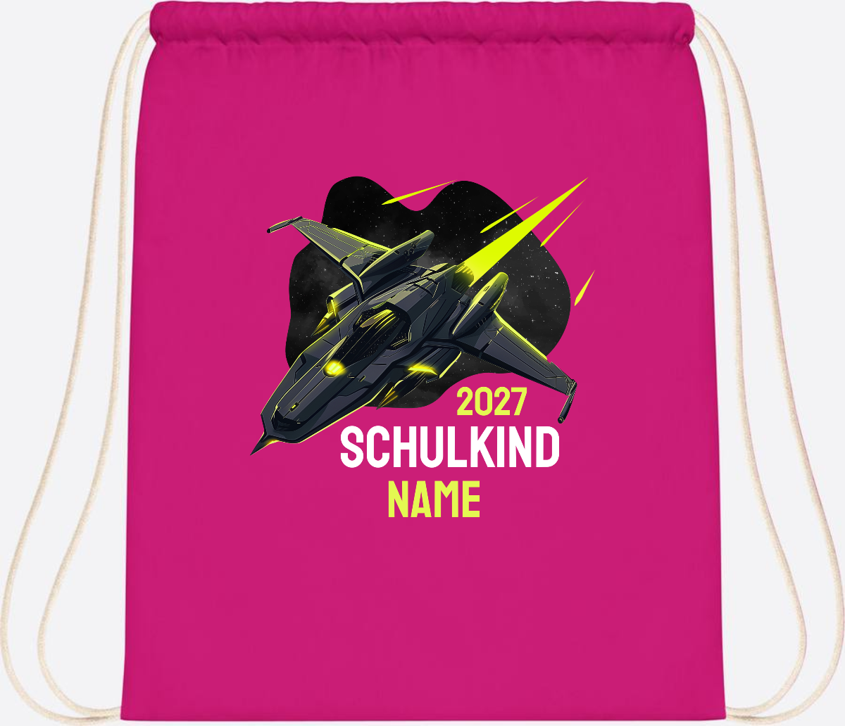 Turnbeutel Schulkind Spaceshuttle mit Name - Fuchsia