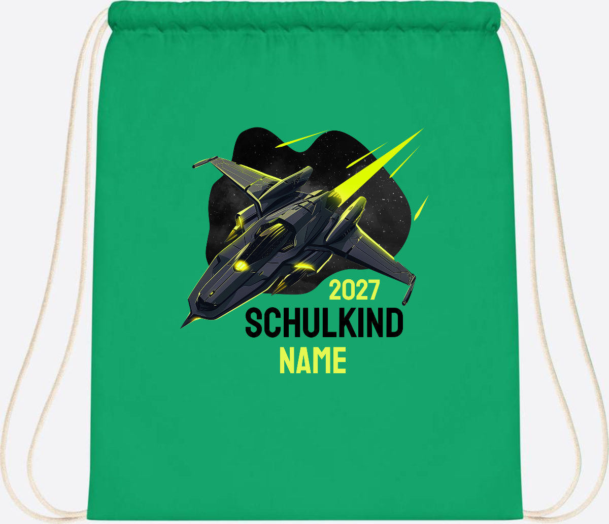 Turnbeutel Schulkind Spaceshuttle mit Name - Kelly Green
