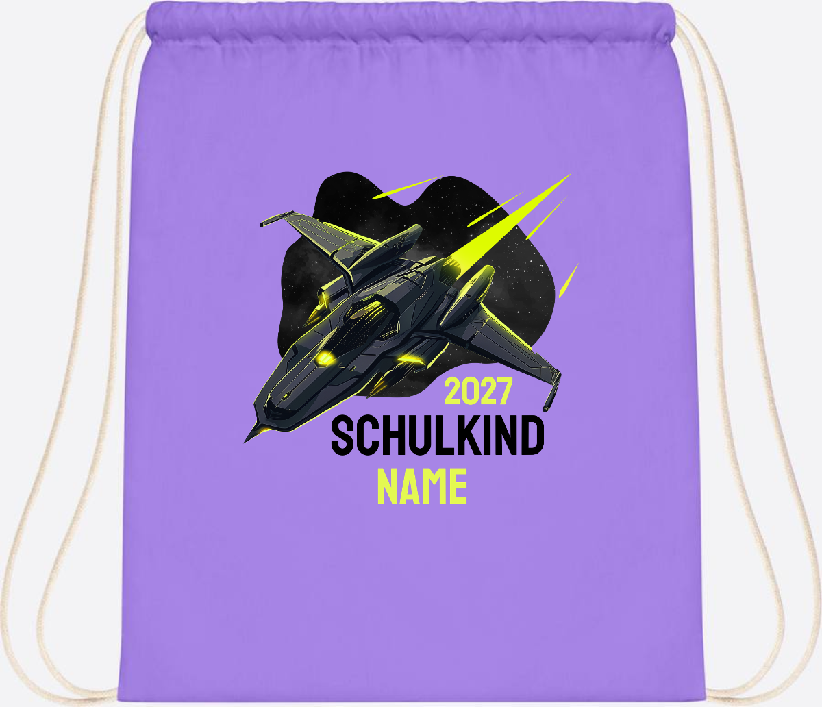 Turnbeutel Schulkind Spaceshuttle mit Name - Lavender/White