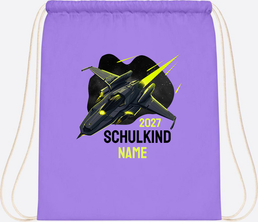 Turnbeutel Schulkind Spaceshuttle mit Name - Lavender/White