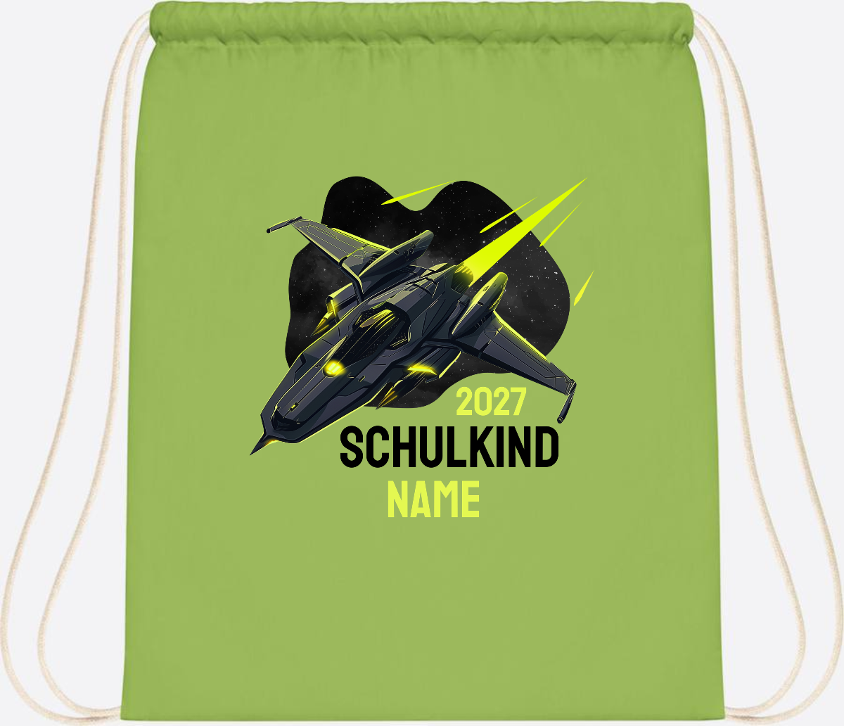 Turnbeutel Schulkind Spaceshuttle mit Name - Lime Green