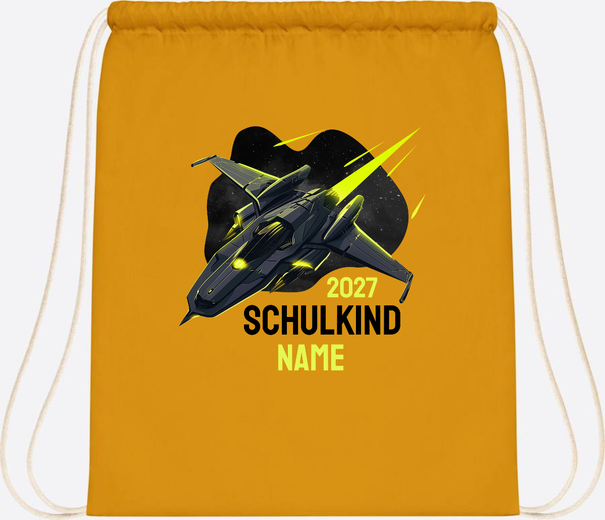 Turnbeutel Schulkind Spaceshuttle mit Name - Mustard