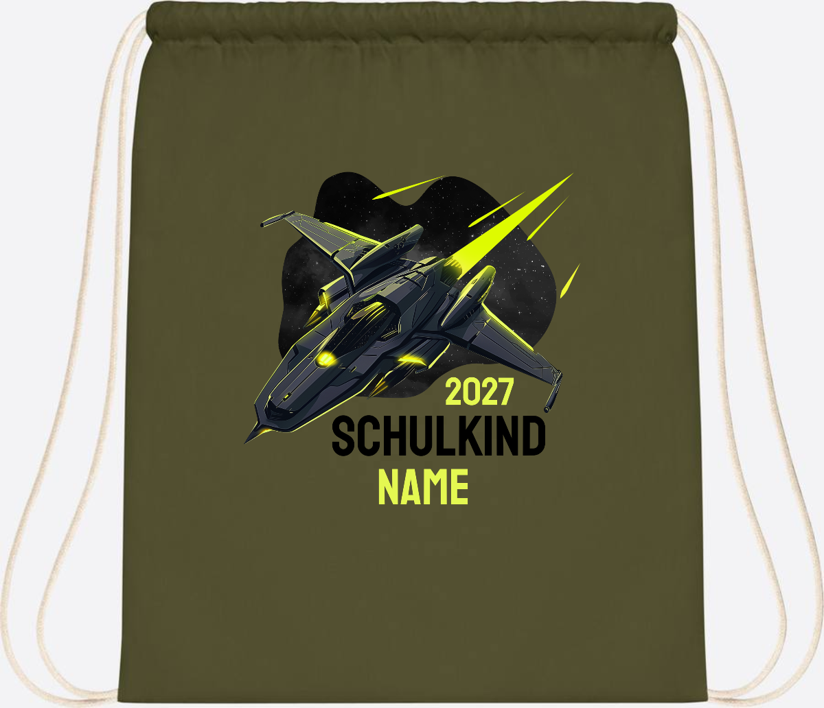 Turnbeutel Schulkind Spaceshuttle mit Name - Olive Green