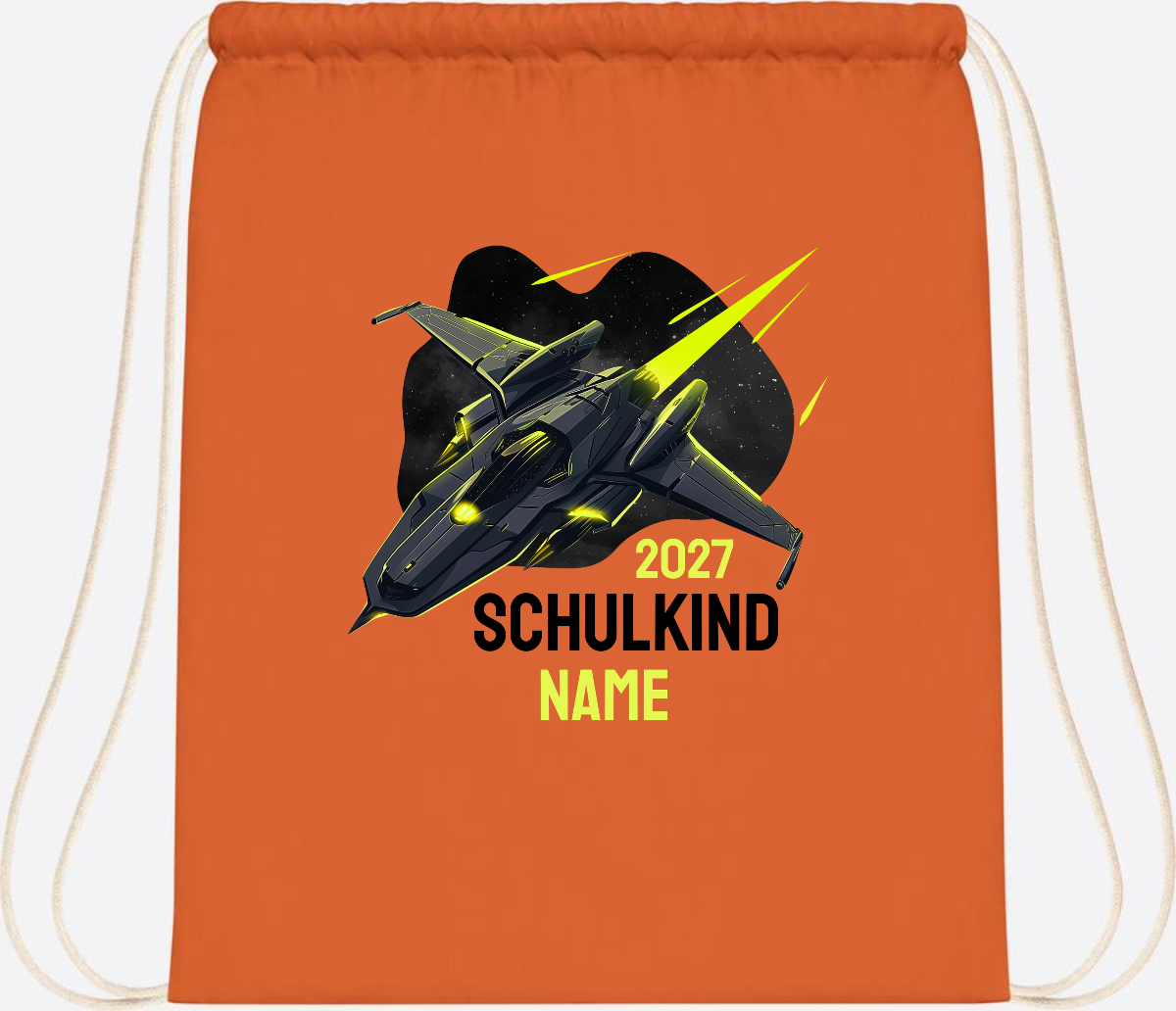 Turnbeutel Schulkind Spaceshuttle mit Name - Orange