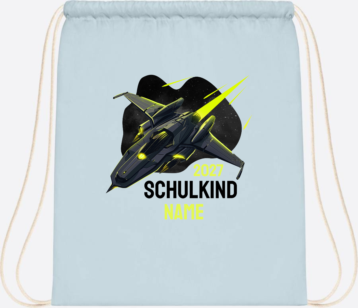 Turnbeutel Schulkind Spaceshuttle mit Name - Pastel Blue/White