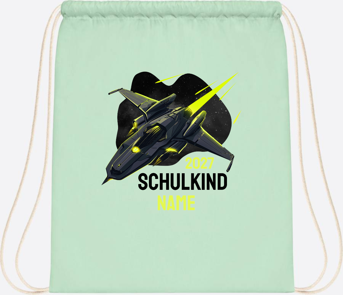 Turnbeutel Schulkind Spaceshuttle mit Name - Pastel Mint/White