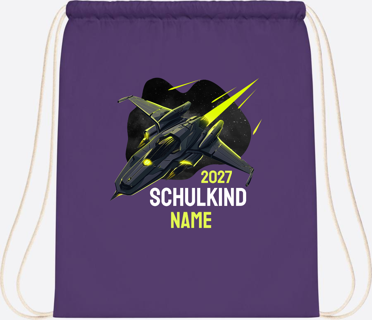 Turnbeutel Schulkind Spaceshuttle mit Name - Purple
