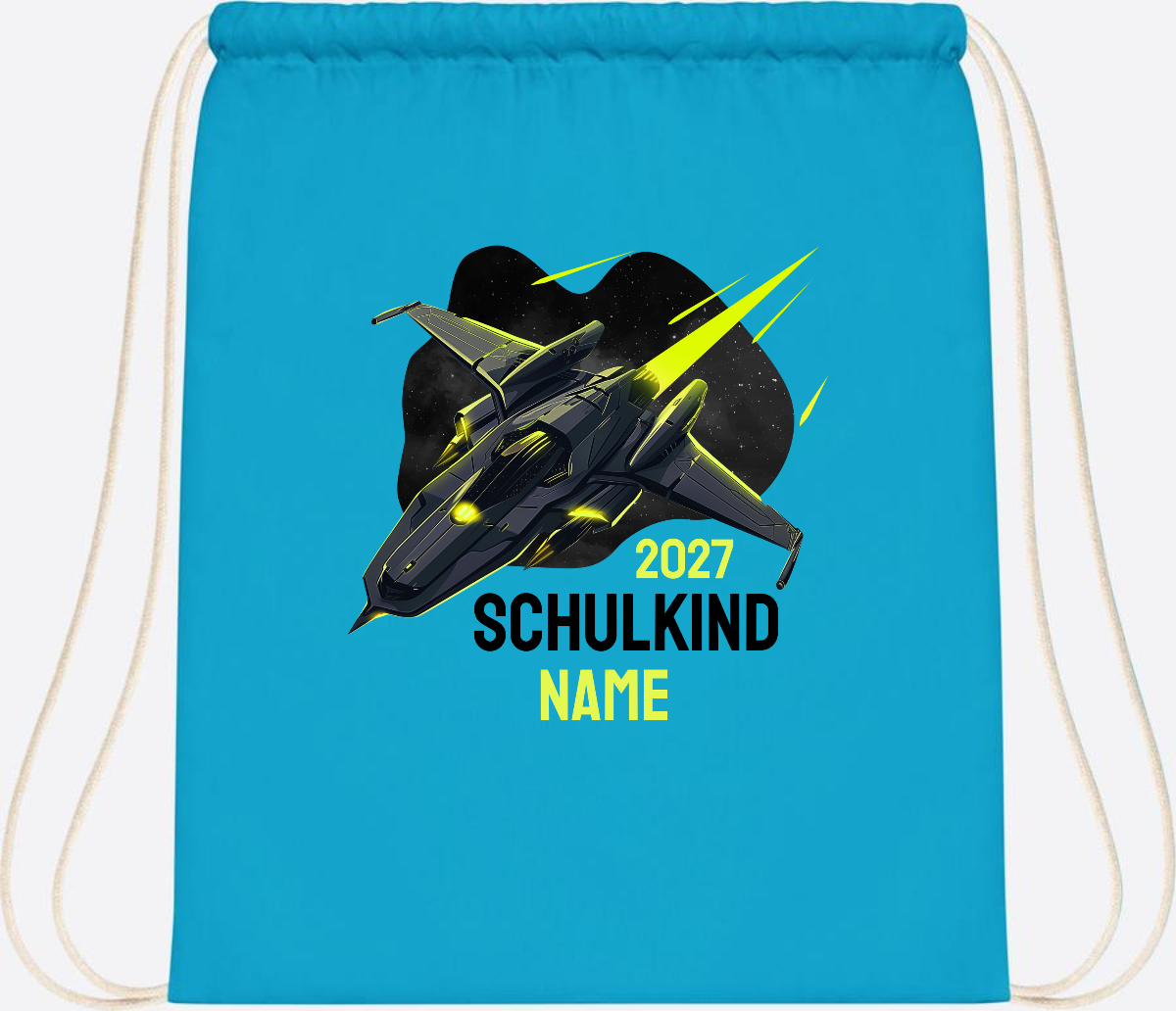 Turnbeutel Schulkind Spaceshuttle mit Name - Surf Blue