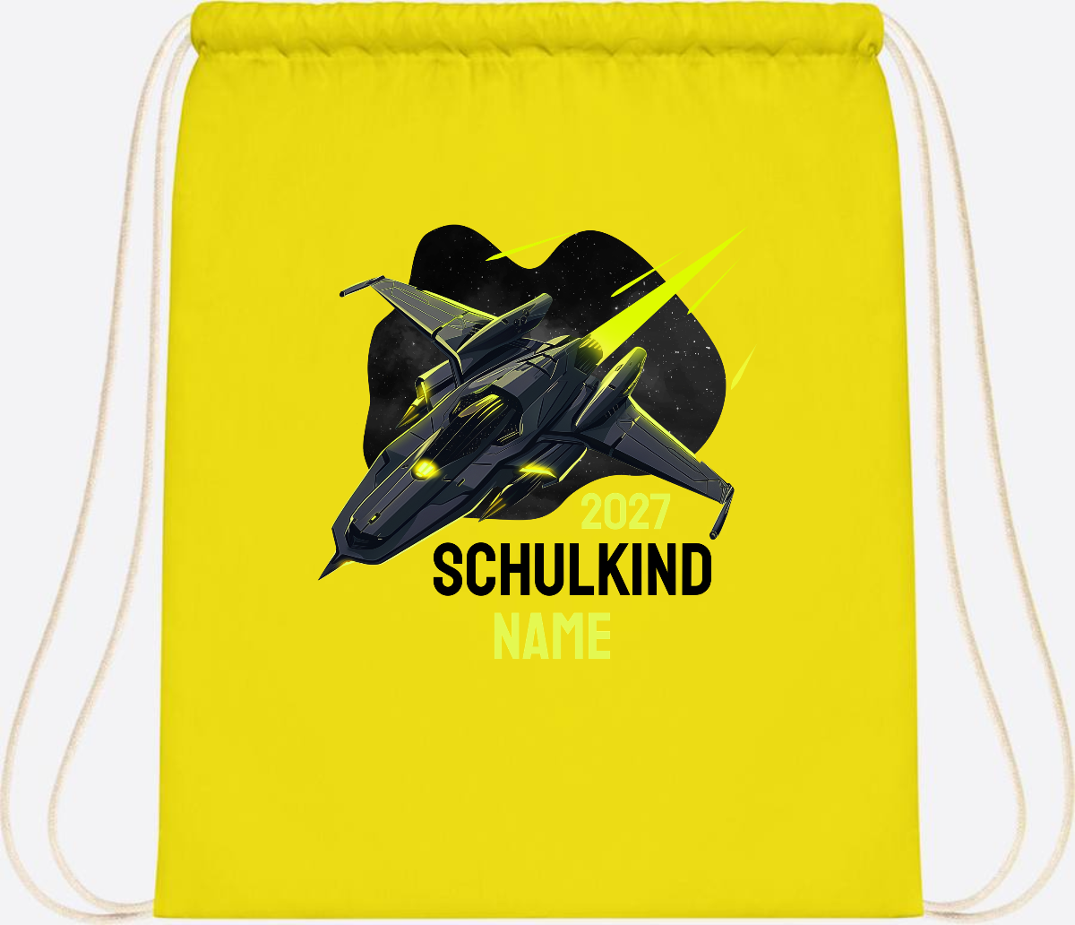 Turnbeutel Schulkind Spaceshuttle mit Name - Yellow