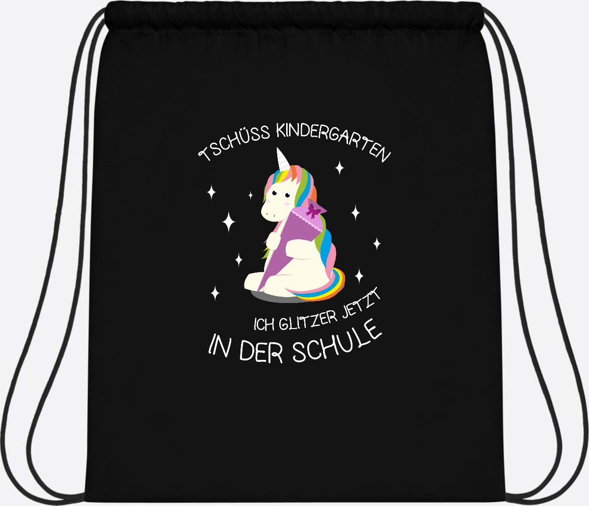 Turnbeutel Tschüss Kindergarten Einhorn – mit Name personalisiert - Black/Black