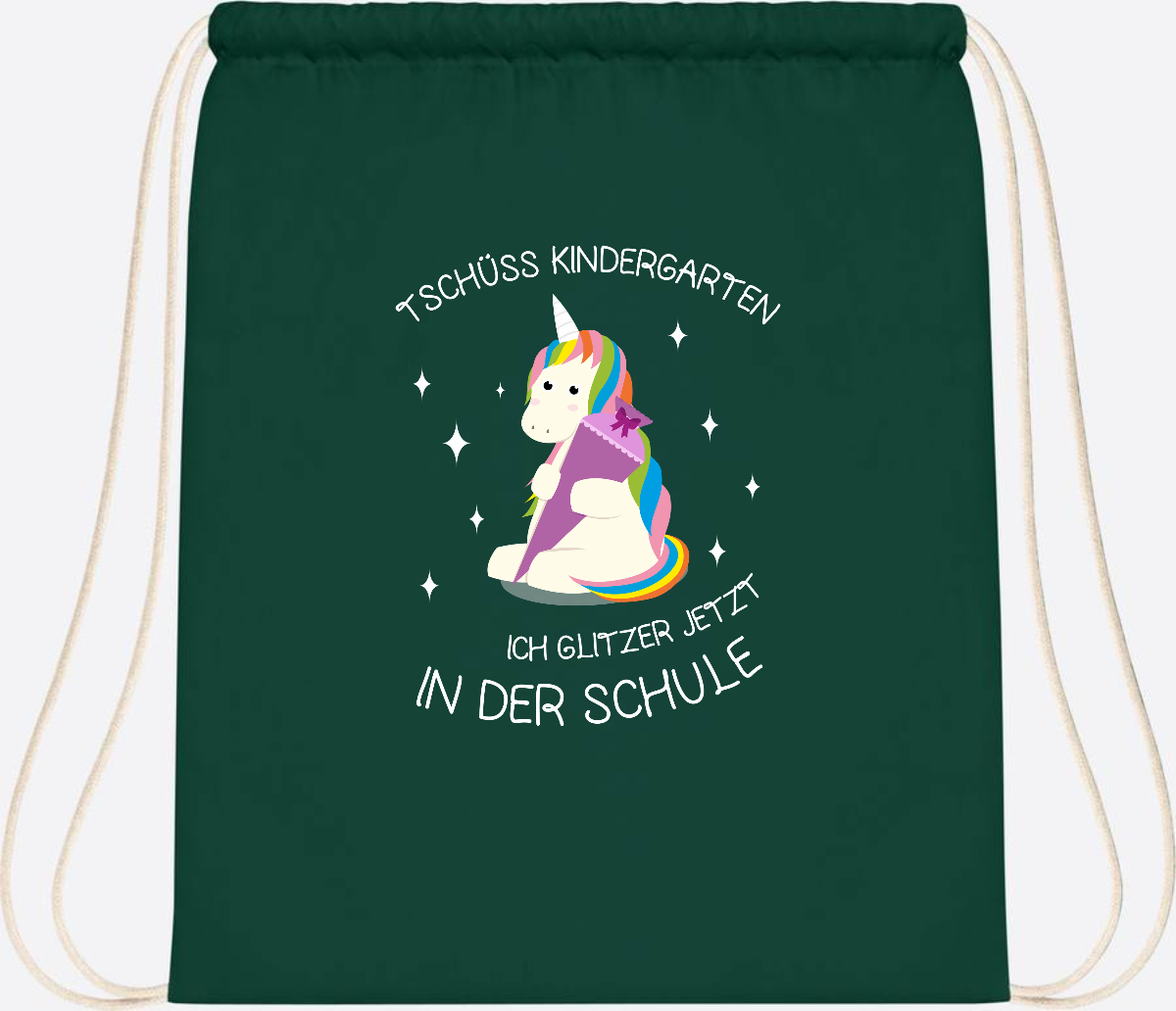 Turnbeutel Tschüss Kindergarten Einhorn – mit Name personalisiert - Bottle Green