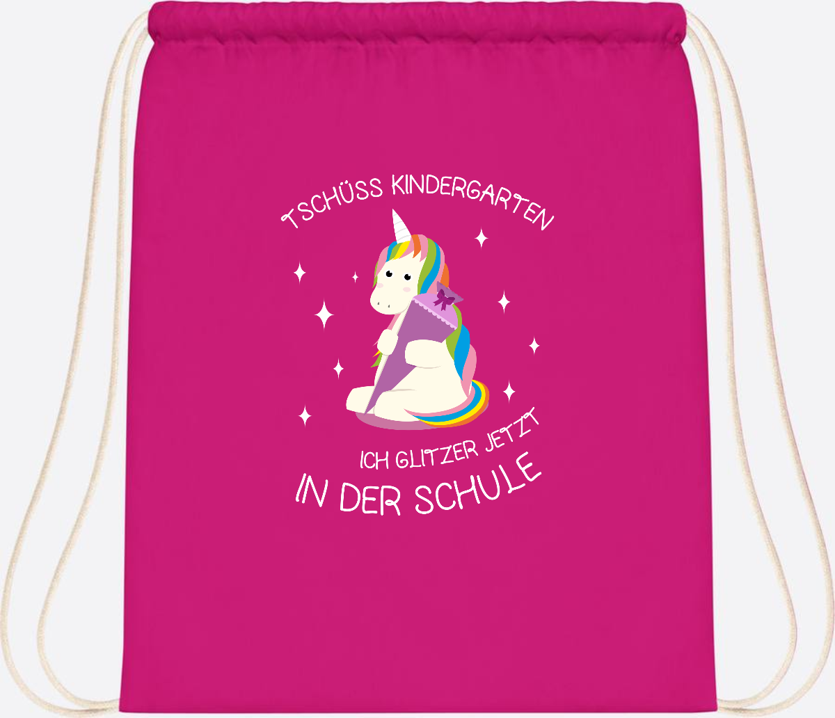 Turnbeutel Tschüss Kindergarten Einhorn – mit Name personalisiert - Fuchsia