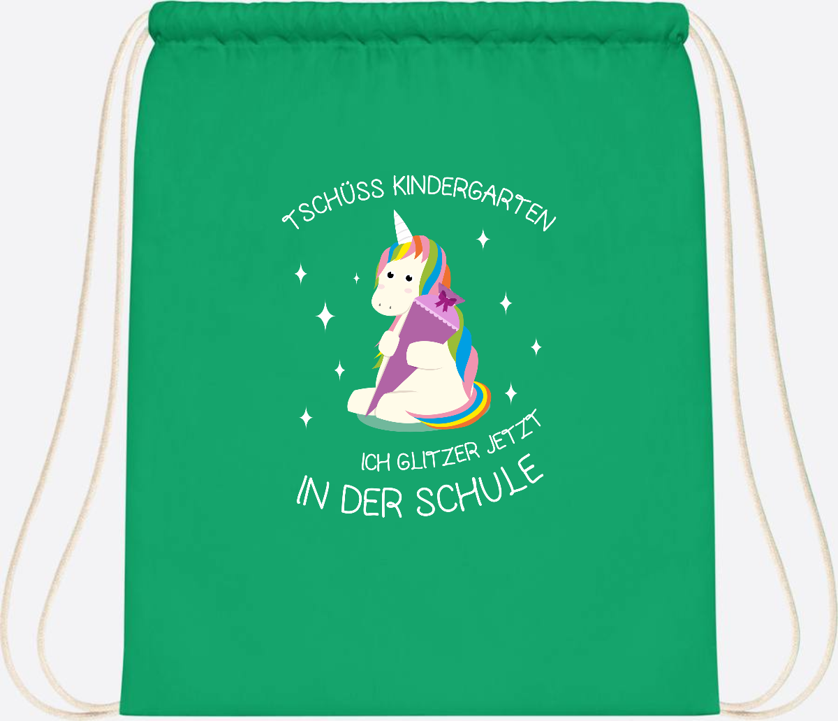Turnbeutel Tschüss Kindergarten Einhorn – mit Name personalisiert - Kelly Green