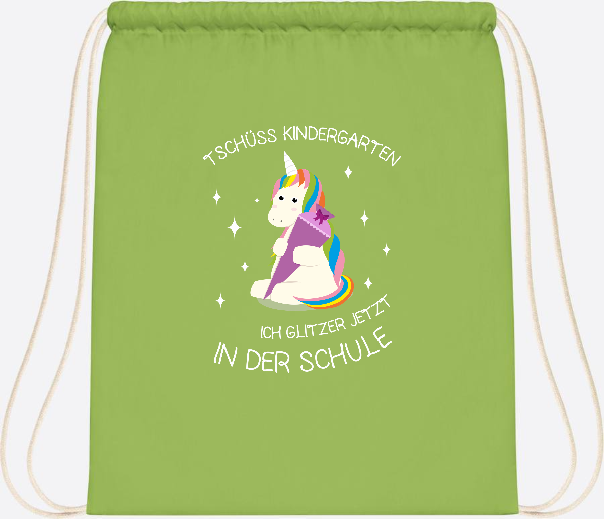 Turnbeutel Tschüss Kindergarten Einhorn – mit Name personalisiert - Lime Green