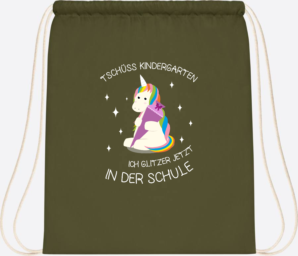 Turnbeutel Tschüss Kindergarten Einhorn – mit Name personalisiert - Olive Green