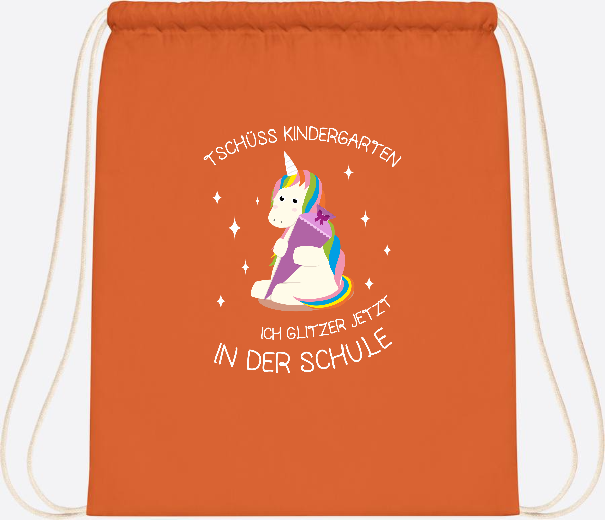 Turnbeutel Tschüss Kindergarten Einhorn – mit Name personalisiert - Orange