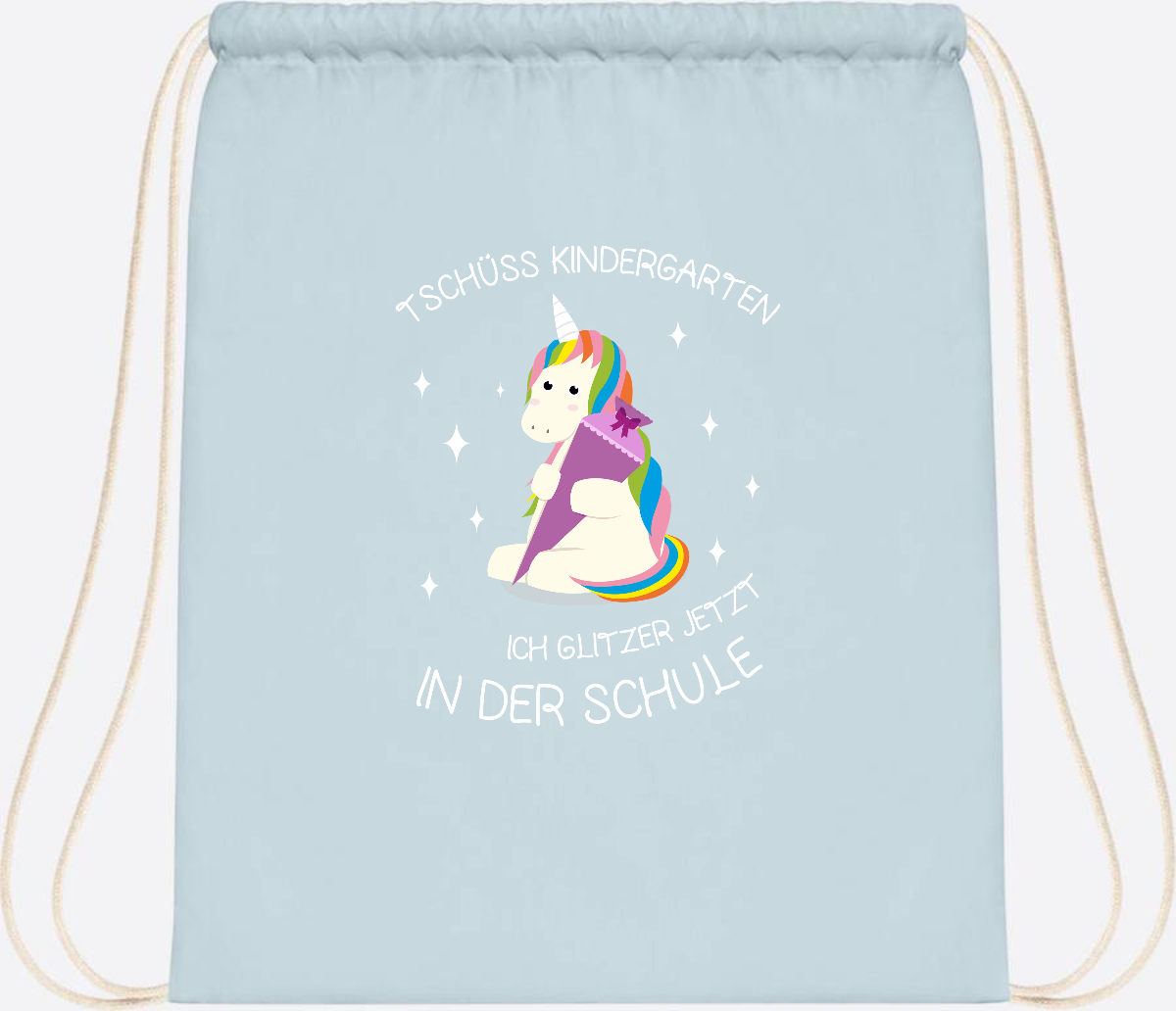Turnbeutel Tschüss Kindergarten Einhorn – mit Name personalisiert - Pastel Blue/White