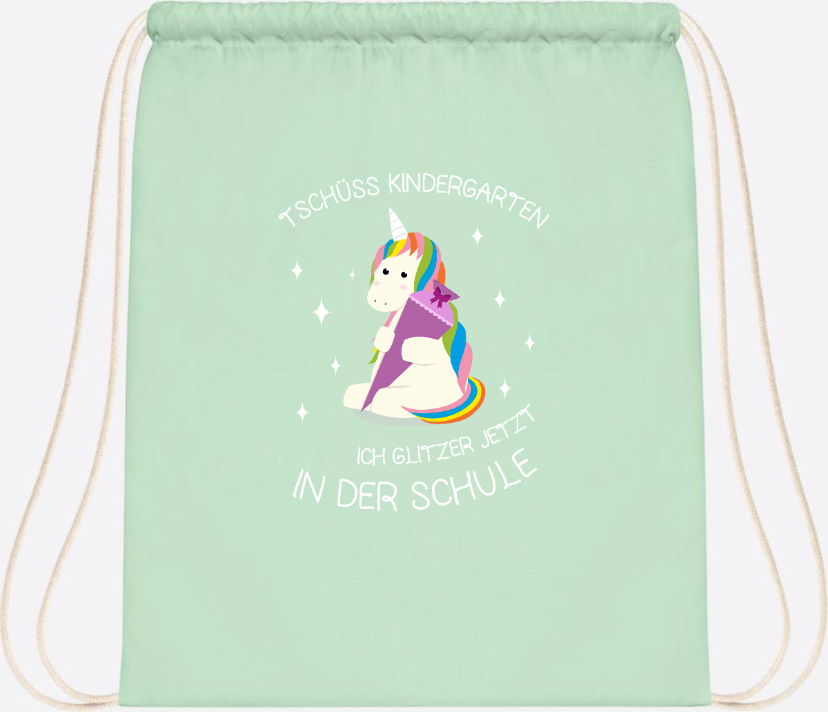 Turnbeutel Tschüss Kindergarten Einhorn – mit Name personalisiert - Pastel Mint/White