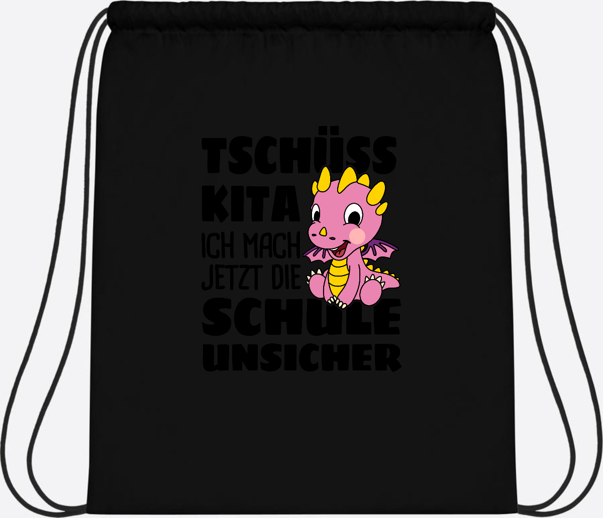 Turnbeutel Tschüss Kita – Rosa Drache mit Wunschnamen - Black/Black