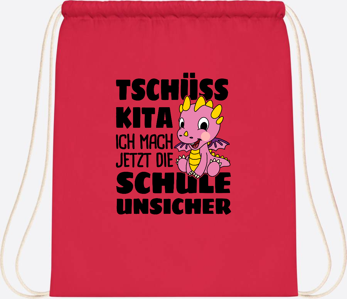 Turnbeutel Tschüss Kita – Rosa Drache mit Wunschnamen - Bright Red