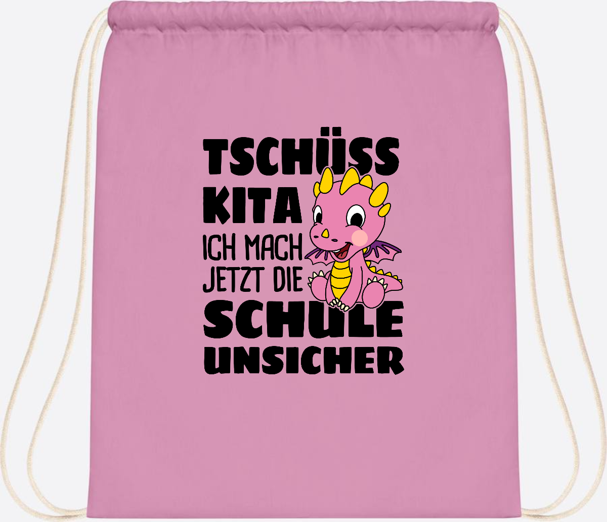 Turnbeutel Tschüss Kita – Rosa Drache mit Wunschnamen - Classic Pink/White