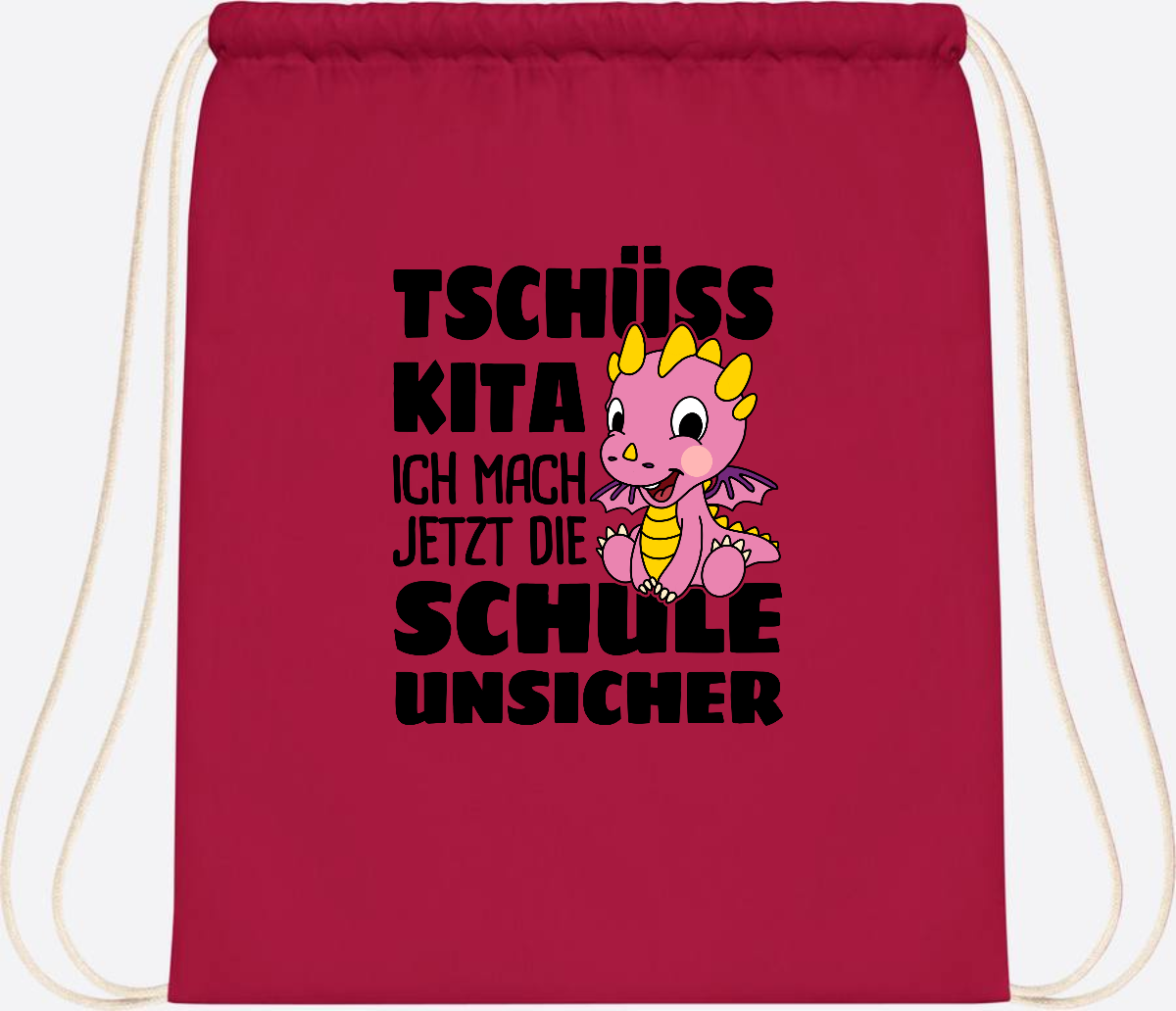 Turnbeutel Tschüss Kita – Rosa Drache mit Wunschnamen - Classic Red