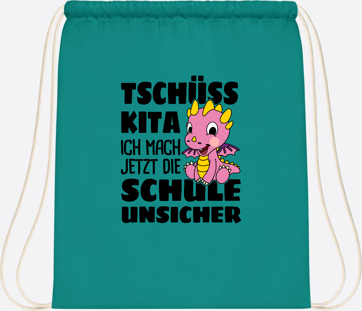 Turnbeutel Tschüss Kita – Rosa Drache mit Wunschnamen - Emerald