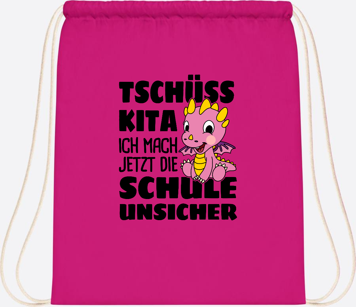 Turnbeutel Tschüss Kita – Rosa Drache mit Wunschnamen - Fuchsia