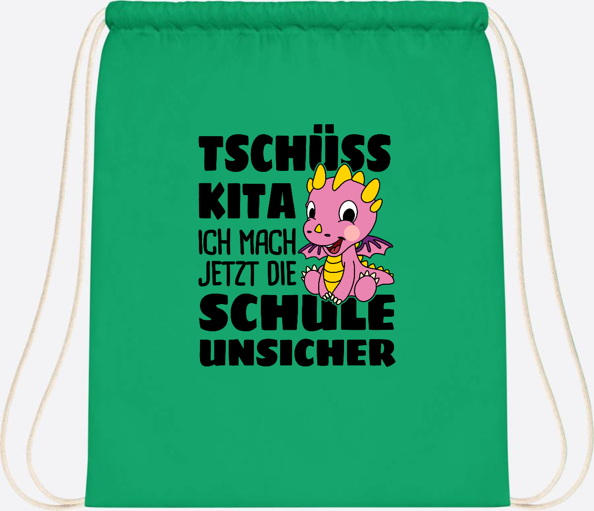 Turnbeutel Tschüss Kita – Rosa Drache mit Wunschnamen - Kelly Green