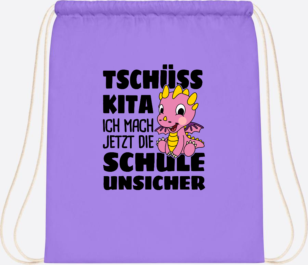 Turnbeutel Tschüss Kita – Rosa Drache mit Wunschnamen - Lavender/White