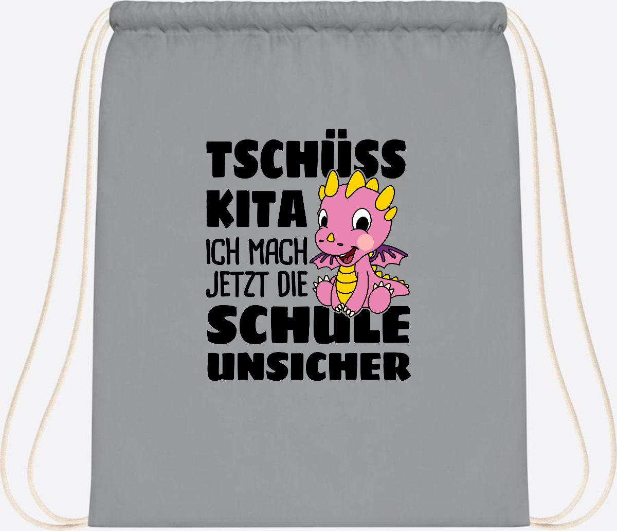 Turnbeutel Tschüss Kita – Rosa Drache mit Wunschnamen - Light Grey